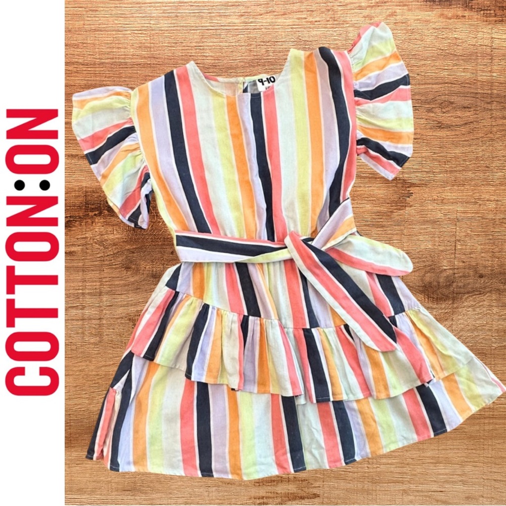 Cotton On Kids Multi Colored Strip Flutter Sleeve Ruffle Dress / Size 9-10